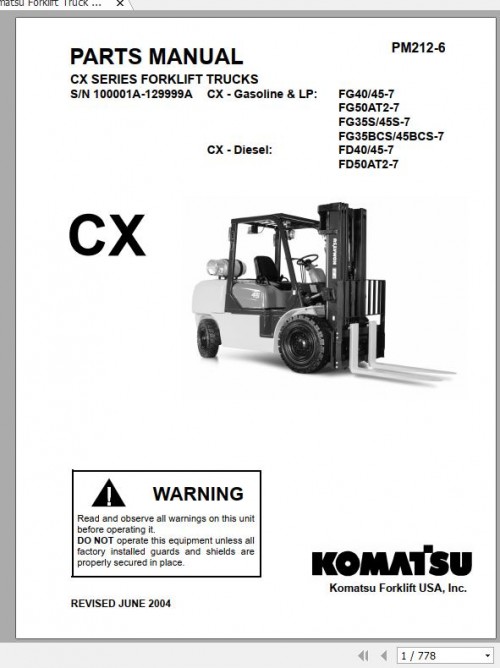 Komatsu Forklift Truck CX Series FG,FD40 45 7, FD50AT2 7 Parts Manual PM212 6 1