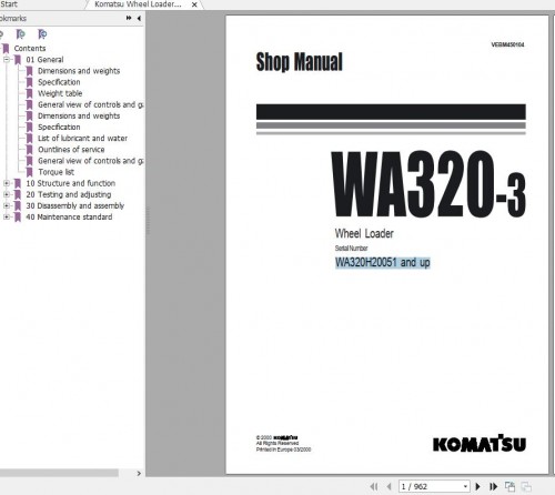 Komatsu Wheel Loader WA320 3 Shop Manual VEBM450104 1