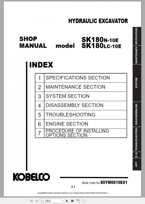 Kobelco Hydraulic Excavator SK180N SK180LC 10E (EU 2019) Shop Manual S5YM0010E01 1