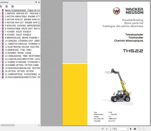 Weidemann Wacker Neuson Telehandler TH522 TL48 1.0 Spare Parts List EN+DE+FR 1