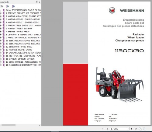 Weidemann Wheel Loader 1130CX30 1.0 Spare Parts List EN+DE+FR 1
