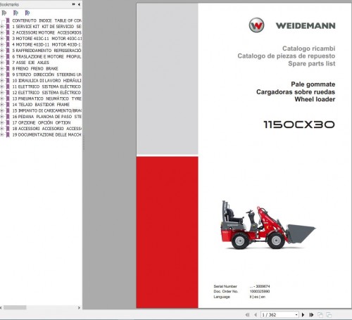 Weidemann Wheel Loader 1150CX30 Spare Parts List EN+IT+ES 1