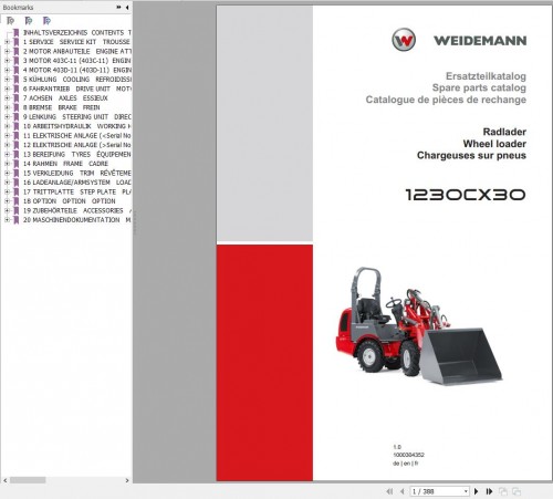 Weidemann Wheel Loader 1230CX30 1.0 Spare Parts List EN+DE+FR 1