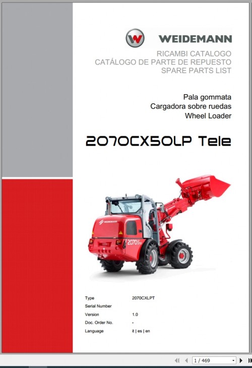Weidemann Wheel Loader 2070CX50LP TELE 2070CXLPT 1.0 Spare Parts List IT+ES+EN 1