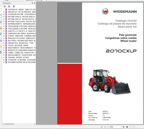 Weidemann Wheel Loader 2070CXLP 2070CX 1.0 Spare Parts List IT+ES+EN 1