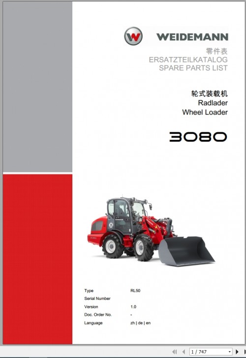 Weidemann Wheel Loader 3080 RL50 1.0 Spare Parts List ZH+DE+EN 1