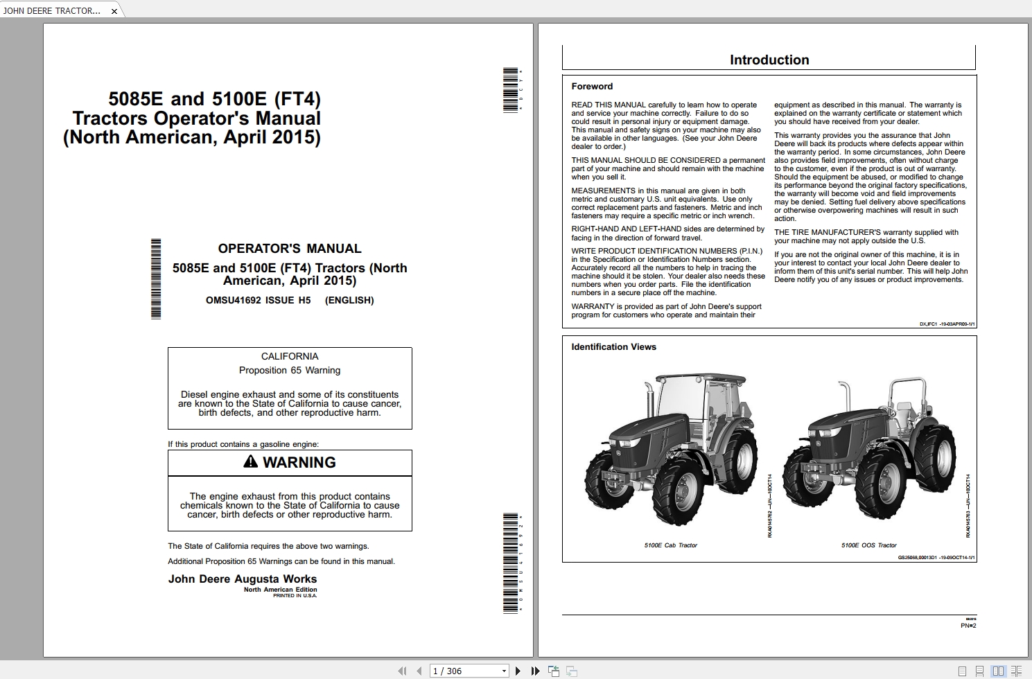 JOHN DEERE TRACTOR 5085E, 5100E (FT4) OPERATORS MANUAL OMSU41692 | Auto 