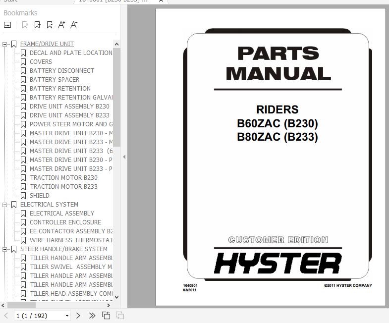 Hyster Electric Motor Hand Trucks B230 B60ZAC B233 B80ZAC Parts Manual ...