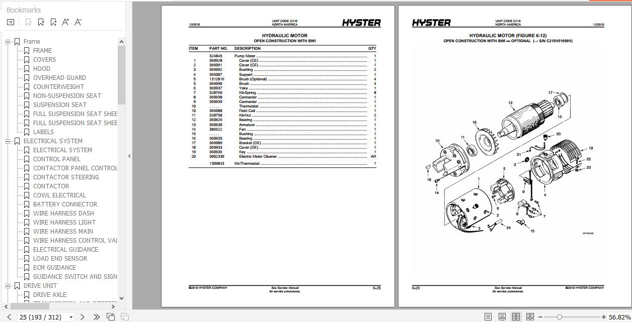 Hyster Electric Motor Narrow Aisle Trucks C210 N30xmh2 Parts Manual 