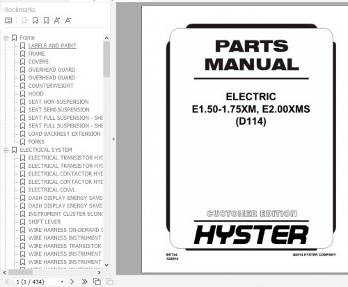 Hyster Electric Motor Rider Trucks D114 E1.50 1.75XM E2.00XMS Parts Manual 897744 1