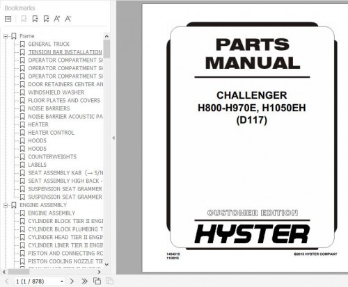 Hyster Forklift Truck D117 H800 H970E H1050EH Parts Manual 1454515 1