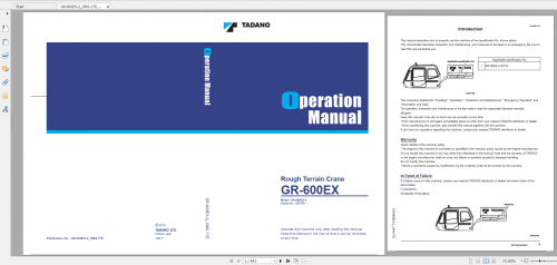 Tadano Rough Terrain Crane GR 600EX 2 GR 600E 2 00102 Operation & Maintance Manual (1)