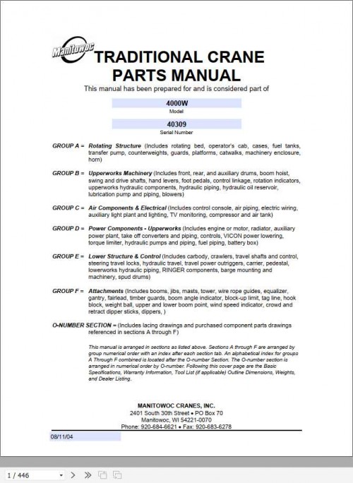 Manitowoc Cranes 4000W 40309 PM 08 11 2004 Spare Parts Manual PDF 1