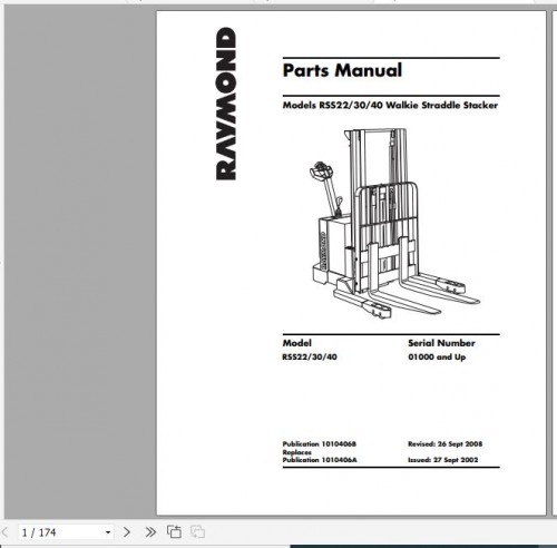 Raymond Walkie Straddle Stacker RSS22 RSS30 RSS40 Schematics, Maintenance & Parts Manual 1