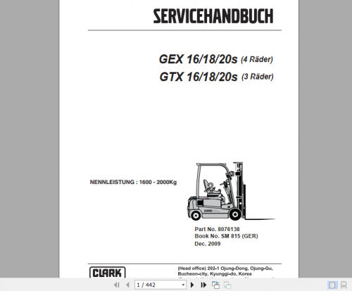Clark Forklift German GTX GEX16 18 20s Service Manual 8076138 (1)