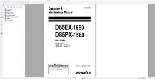 Komatsu Bulldozer D85EX 15E0 D85PX 15E0 Operation & Maintenance Manual EENAM03270 2013