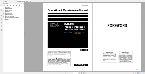 Komatsu Hydraulic Excavator Galeo PC200 8 PC200LC 8 PC220 8 PC220LC8 Operation & Maintenance Manual 