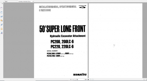 Komatsu Hydraulic Excavator PC200 6 PC220 6 PC200LC 6 PC220LC 6 Operation Manual & Parts Book LEPB2S