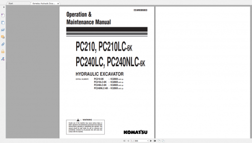 Komatsu Hydraulic Excavator PC210 6K PC210LC 6K PC240LC 6K PC240NLC 6K Operation & Maintenance Manua