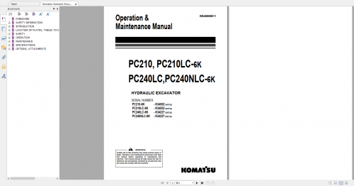 Komatsu Hydraulic Excavator PC210 6K PC210LC 6K PC240LC 6K PC240NLC 6K Operation & Maintenance Manua