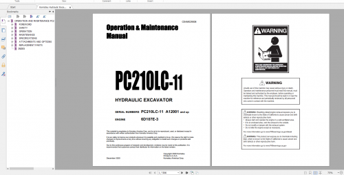 Komatsu Hydraulic Excavator PC210LC 11 Engine 6D107E 3 Operation & Maintenance Manual CEAM029008 202