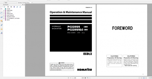 Komatsu Hydraulic Excavator PC228US 3E0 PC228USLC 3E0 Operation & Maintenance Manual PEN00391 03 201