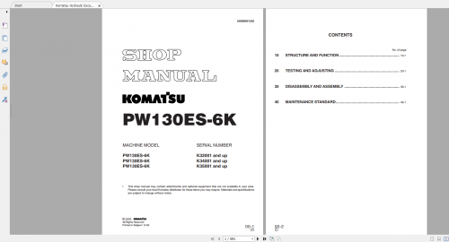 Komatsu Hydraulic Excavator PW130ES 6K Shop Manual UEBM001202 2003