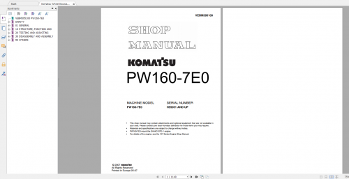 Komatsu Wheel Excavator PW160 7E0 Shop Manual VEBM395100 2007