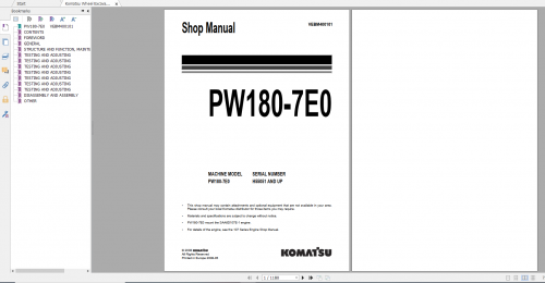 Komatsu Wheel Excavator PW180 7E0 Shop Manual VEBM400101 2008