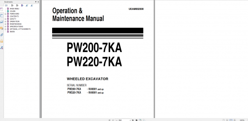 Komatsu Wheel Excavator PW200 7KA PW220 7KA Operation & Maintenance Manual UEAD002500 2003