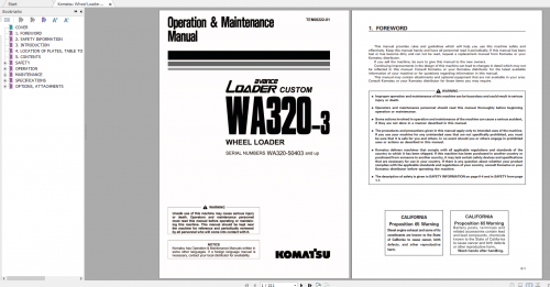 Komatsu Wheel Loader Custom WA320 3 Operation & Maintenance Manual TEN00222 01 2007