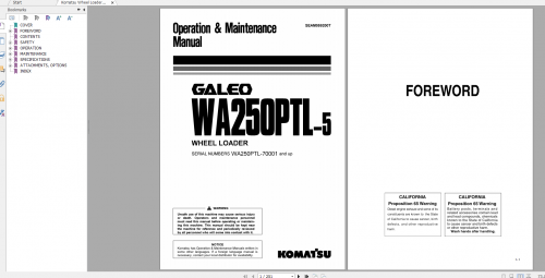 Komatsu Wheel Loader Galeo WA250PTL 5 Operation & Maintenance Manual SEAM059200T 2003