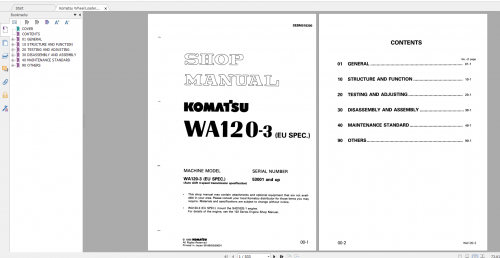 Komatsu Wheel Loader WA120 3 (EU SPEC.) Shop Manual SEBM018300 1999