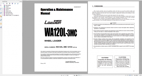 Komatsu Wheel Loader WA120L 3MC Operation & Maintenance Manual SEAM038301T 2002