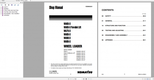 Komatsu Wheel Loader WA65 3 WA65 3(Parallel Lift) WA75 3 WA85 3 WA90 3 WA95 3 Shop Manual VEBM950201