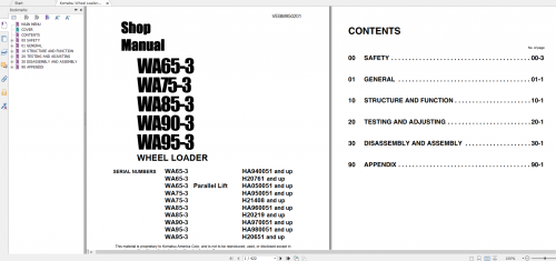 Komatsu Wheel Loader WA65 3 WA75 3 WA85 3 WA90 3 WA95 3 Shop Manual VEBD950201 2004