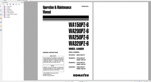 Komatsu Wheel Loader WA150PZ 6 WA200PZ 6 WA250PZ 6 WA320PZ 6 Operation & Maintenance Manual VEAM6102