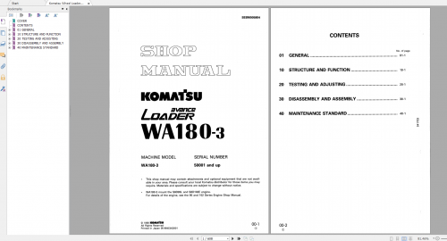 Komatsu Wheel Loader WA180 3 Shop Manual SEBM005804 1998