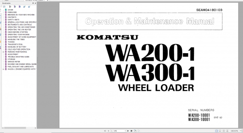 Komatsu Wheel Loader WA200 1 WA300 1 Operation & Maintenance Manual SEAM04180103