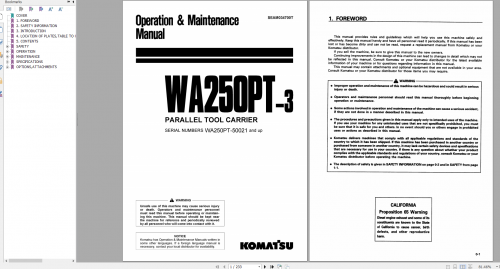 Komatsu Wheel Loader WA250PT 3 Parallel Tool Carrier Operation & Maintenance Manual SEAM034700T 1999