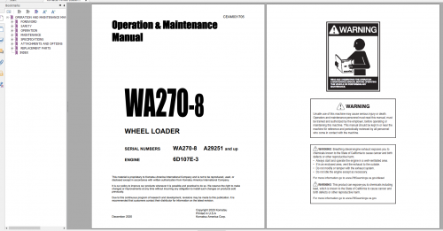 Komatsu Wheel Loader WA270 8 Engine 6D107E 3 Operation & Maintenance Manual CEAM031705 2020