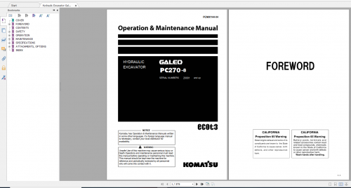 Komatsu Hydraulic Excavator Galeo PC270 8 Operation & Maintenance Manual PEN00144 04 2007