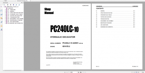 Komatsu Hydraulic Excavator PC240LC 10 Engine 6D107E 2 Shop Manual CEBM024902 2013