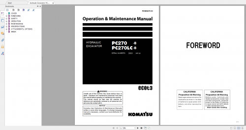 Komatsu Hydraulic Excavator PC270 8 PC270LC 8 Operation & Maintenance Manual PEN00279 03 2009