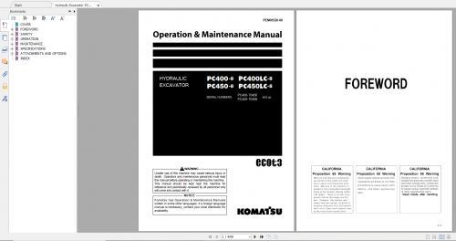 Komatsu Hydraulic Excavator PC400 8 PC400LC 8 PC450 8 PC450LC 8 Operation & Maintenance Manual PEN00