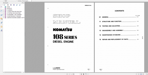 Komatsu Diesel Engine 108 Series Shop Manual SEBE62210104 1998