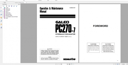 Komatsu Hydraulic Excavator Galeo PC270 7 Operation & Maintenance Manual SEAM052100T 2002