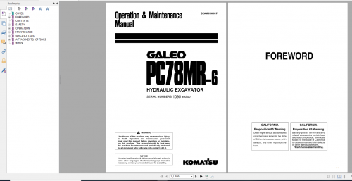 Komatsu Hydraulic Excavator Galeo PC78MR 6 Operation & Maintenance Manual SEAM059601P 2004