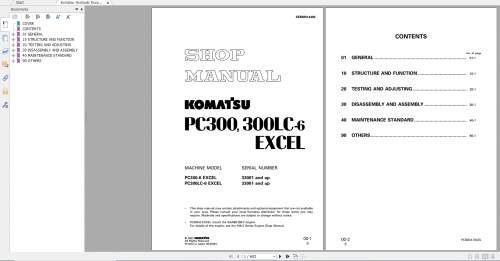 Komatsu Hydraulic Excavator PC300 6 PC300LC 6 Excel Shop Manual SEBM014406 2002