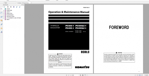 Komatsu Hydraulic Excavator PC400 8 PC400LC 8 PC450 8 PC450LC 8 Operation & Maintenance Manual PEN01